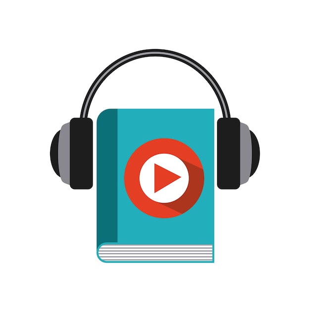 Icono de libro y auriculares. Diseño de audiolibros. Gráfico vectorial