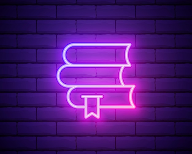 Icono de libro de línea de neón brillante aislado en el fondo de la pared de ladrillo Concepto de esquema colorido Vector