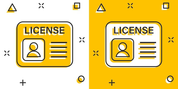 Icono de licencia de conducir en estilo cómic ilustración de vector de dibujos animados de tarjeta de identificación sobre fondo blanco aislado concepto de negocio de efecto de salpicadura de identidad