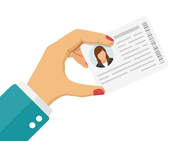 Icono de la licencia de conducir con la mano en estilo plano Ilustración vectorial del documento de identificación en un fondo aislado Concepto comercial de la tarjeta de perfil