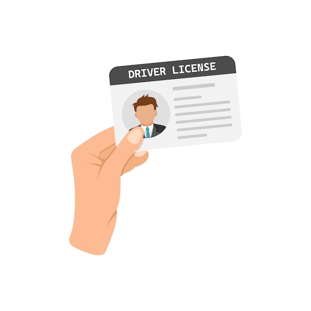 El icono de la licencia de conducir en la mano en estilo plano Ilustración vectorial de la tarjeta de identificación en un fondo aislado Concepto de negocio de signo de documento de persona