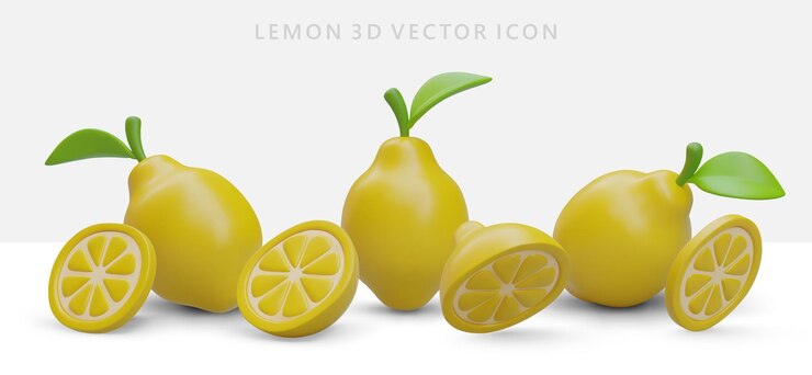 Vector icono de limón vectorial realista mitad de la fruta entera y pedazos de diferentes lados