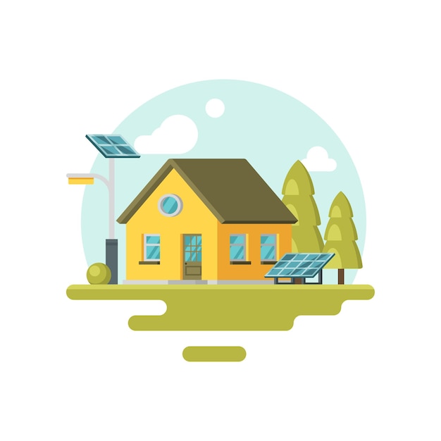 Icono de linda casa ecológica amarilla con paneles solares y árboles cerca de energía alternativa Casa familiar Elemento gráfico para banner promocional o cartel Diseño vectorial plano colorido aislado sobre fondo blanco