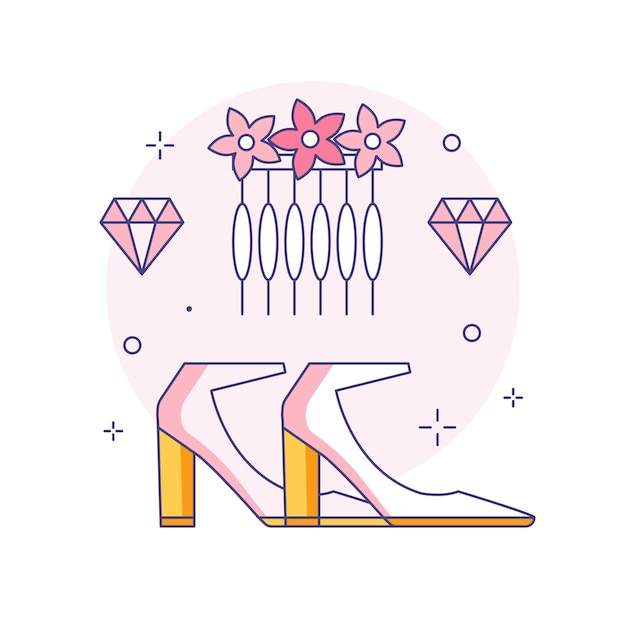 Icono de línea de accesorios para el cabello y zapatos de novia