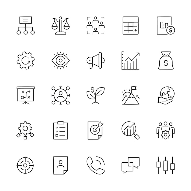 Icono de línea de administración de negocios Establezca el símbolo de línea, el icono del logotipo, la ilustración de fondo blanco