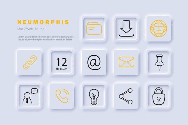 Icono de línea de aplicaciones Compartir internet planeta llamada carpeta de archivos bloquear correo electrónico Neomorfismo steyle Icono de línea vectorial para negocios