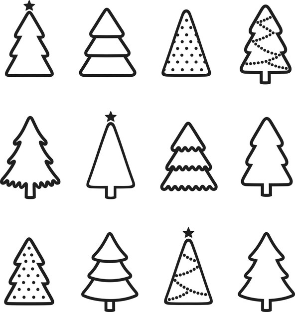 El icono de la línea del árbol de Navidad, los elementos de diseño de vacaciones, el conjunto de ilustraciones vectoriales de Feliz Año Nuevo