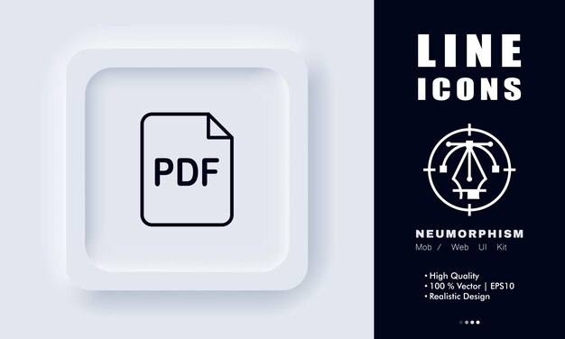Icono de línea de archivo PDF Documentación extensión de formato digital información de secretaria enviar adjuntar Concepto de gestión de documentos Estilo de neomorfismo Icono de línea vectorial para Negocios y Publicidad