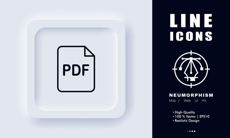 Icono de línea de archivo PDF Documentación extensión de formato digital información de secretaria enviar adjuntar Concepto de gestión de documentos Estilo de neomorfismo Icono de línea vectorial para Negocios y Publicidad