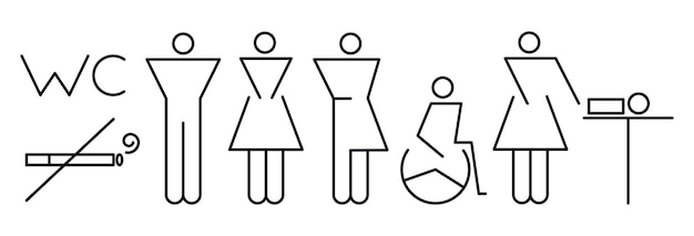 Icono de línea de aseo establecido sobre fondo blanco. señales de contorno de orientación de wc. mujer, hombre, minusvalía