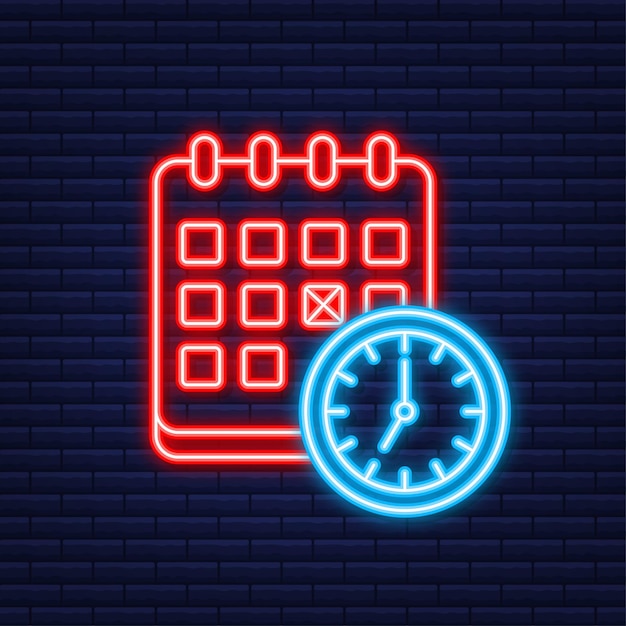 Icono de línea de calendario y reloj. programar conceptos. icono de neón. elementos gráficos de diseño plano moderno. ilustración vectorial.