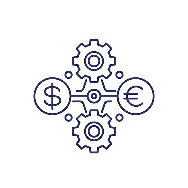 icono de línea de cambio al euro con engranajes en dólares