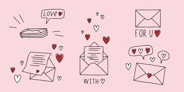 Icono de línea de carta de amor conjunto de doodle dibujado a mano