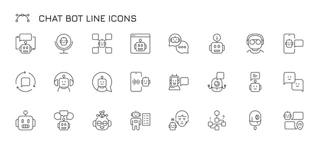 Icono de línea de chat bot Iconos simples de trazo de voz robótica Tecnología de chat bot de teléfono inteligente Inteligencia artificial estilo plano Conjunto aislado vectorial Operador en auriculares cámara web inteligente