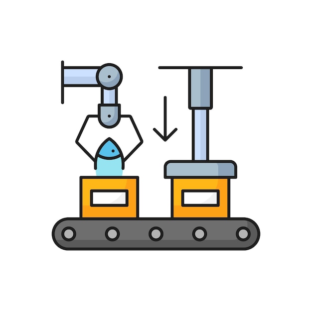 Icono de línea de cinta transportadora de fábrica de industria pesquera