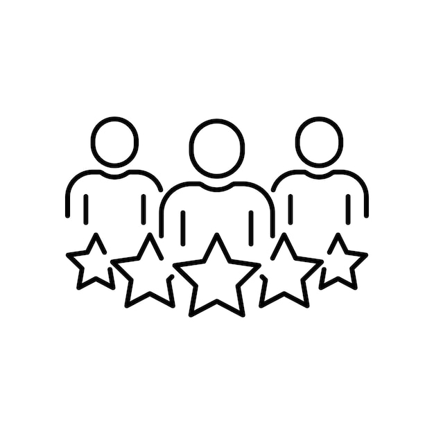 Ícono de línea de cliente de negocios en estilo plano Equipo y símbolo de 5 estrellas aislado en blanco Concepto de liderazgo Ícono de grupo de personas en negro Personas con calificación Ícono de trabajo en equipo simple Ilustración vectorial
