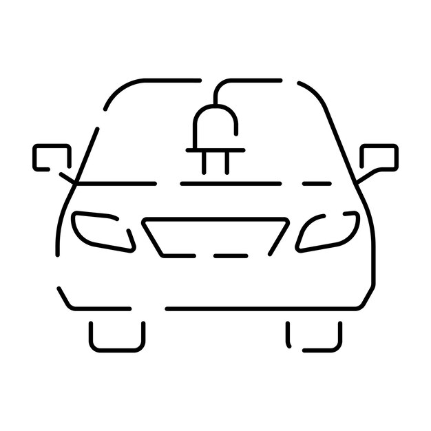 Icono de línea de coche eléctrico Contorno de cable de automóvil eléctrico y símbolo negro de carga de enchufe Concepto de vehículo electro auto ecológico Ilustración de electricidad vectorial