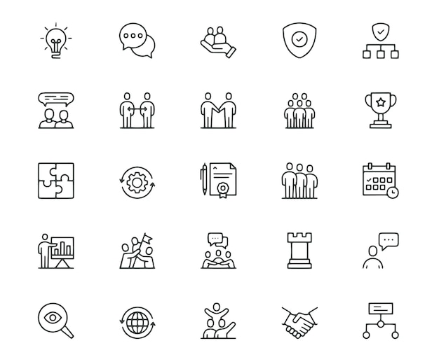 Icono de línea de colaboración Establezca el icono del logotipo en blanco y negro Ilustración de fondo blanco