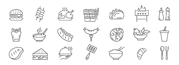 El icono de la línea de comida de la calle El conjunto de íconos del festival de comida Ilustración vectorial