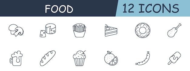 El icono de la línea de comida, la torta de queso, la pierna de pollo, el helado, la salchicha, el pan de naranja, el muffin, las papas fritas, el icono de las 12 líneas, el ícono de la línea vectorial para negocios y publicidad.
