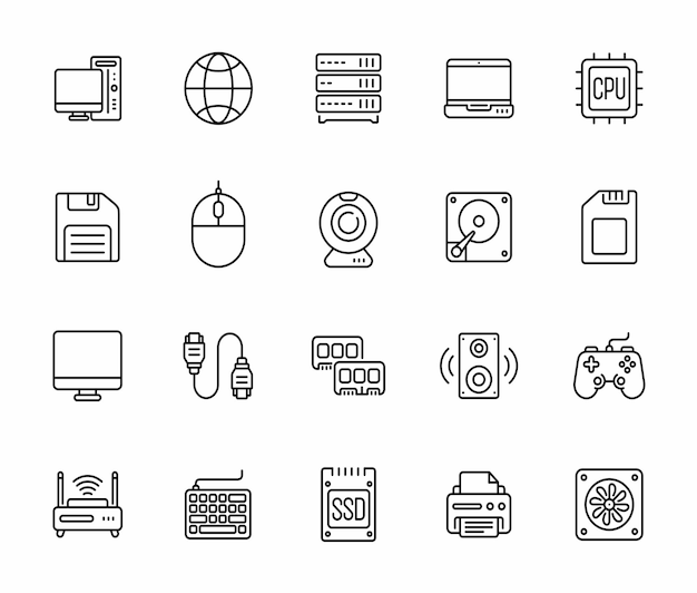 Vector el icono de la línea de la computadora se establece aislado en fondo blanco