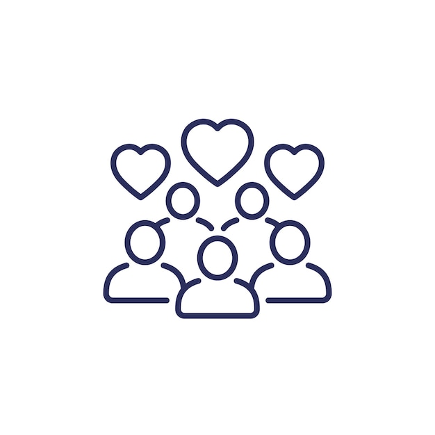 Icono de línea comunitaria con personas y corazones.