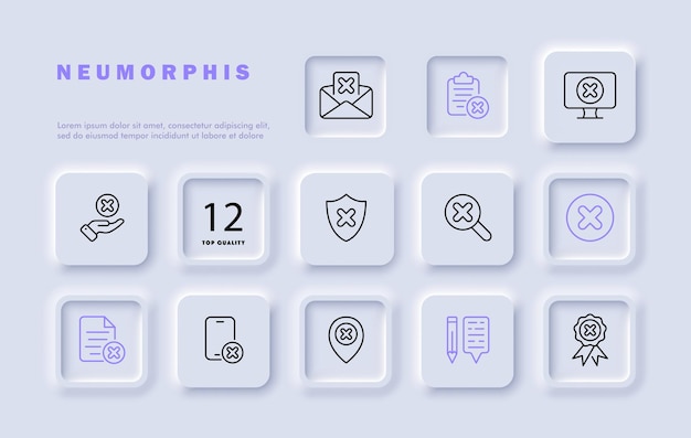 Icono de línea de conjunto de cruces cláusula de cancelación de contrato teléfono inteligente GPS lápiz SMS monitor estilo Neomorfismo icono de línea vectorial para negocios y publicidad