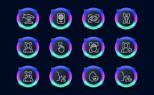Ícono de línea de conjunto de datos biométricos Escáner de huellas dactilares de retina Escáner de cara Información de protección de seguridad Contraseña Estilo Glassmorphism Ícono de línea vectorial para negocios y publicidad