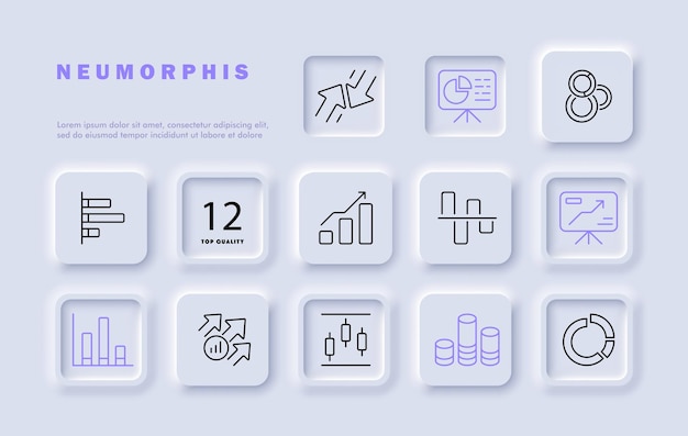 Icono de línea de conjunto de gráficos economía búsqueda diagrama de teléfono inteligente gráfico de pastel análisis de datos de monitoreo de sitio web estilo de neomorfismo icono de linea vectorial para negocios y publicidad