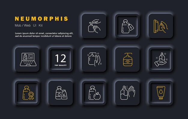 Ícono de línea de conjunto de higiene jabón líquido limpiador de parabrisas champú crema de manos portátil estilo neomorfismo icono de línea vectorial para negocios y publicidad