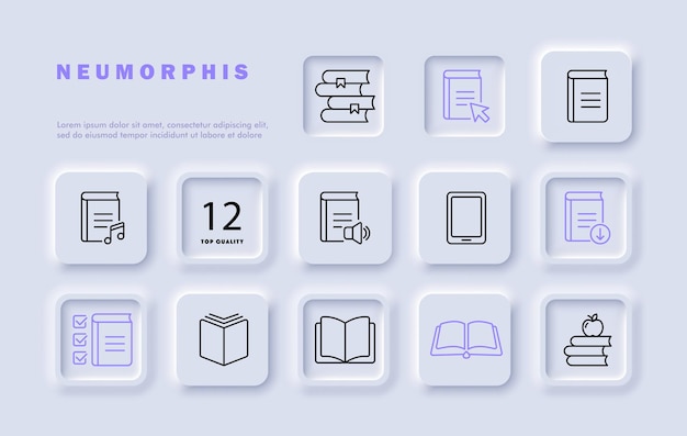 Icono de línea de conjunto de libros Educación escuela universitaria marca de comprobación teléfono inteligente música manzana Estilo de neomorfismo Icono de linea vectorial para negocios y publicidad