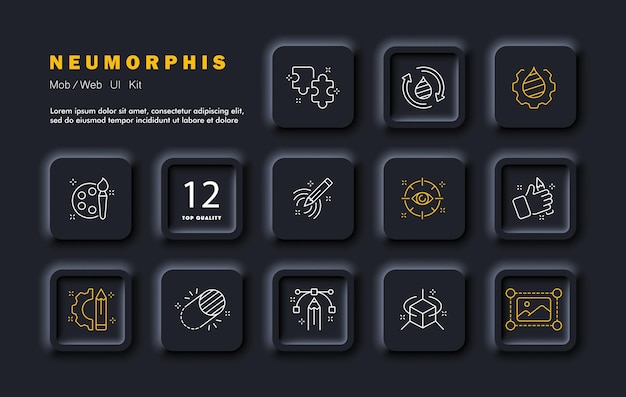 Icono de línea de conjunto de montaje de fotos Corrección de color Pincel recorte contraste saturación engranaje de lápiz Estilo de neomorfismo Icono de linea vectorial para negocios y publicidad