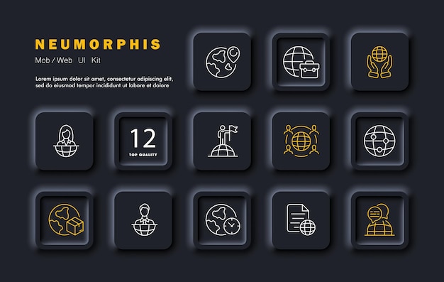 Icono de línea de conjunto de planetas Caja de entrega etiqueta GPS bandera geografía reloj trabajo informe de viaje de negocios Ícono de línea vectorial para negocios y publicidad