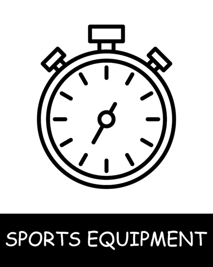 Vector ícono de línea de cronómetro equipo deportivo palo de hockey baloncesto raqueta de tenis voleibol guantes de boxeo barra pesas salto de cuerda esquís ícono de linea vectorial para negocios y publicidad