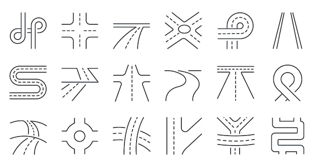 Icono de línea de cruce de carreteras Junción de dos carreteras con señales de dirección de giro calle y autopista intersección de carreteras Ilustración vectorial de elementos de mapa urbano