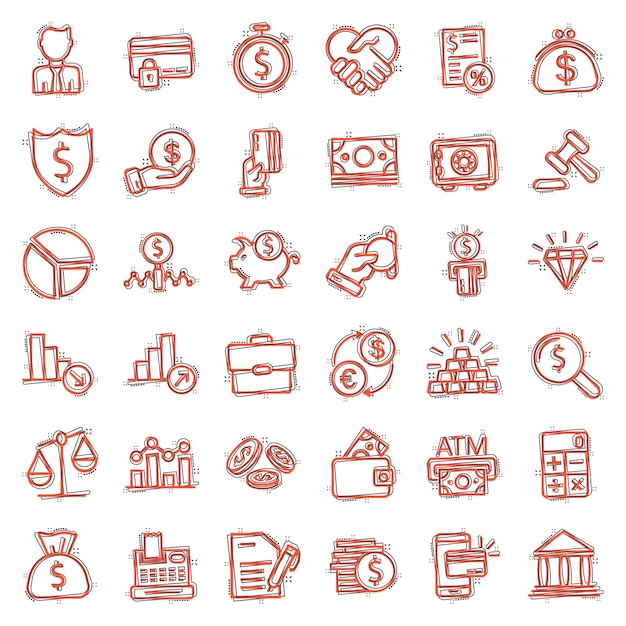 Icono de línea delgada de negocios establecido en estilo cómico Ilustración de vector de dibujos animados de inversión financiera sobre fondo blanco aislado Concepto de negocio de efecto de salpicadura de moneda financiera