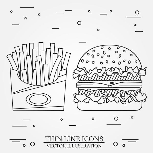 Icono de línea delgada vectorial hamburguesa y papas fritas para diseño web y ap