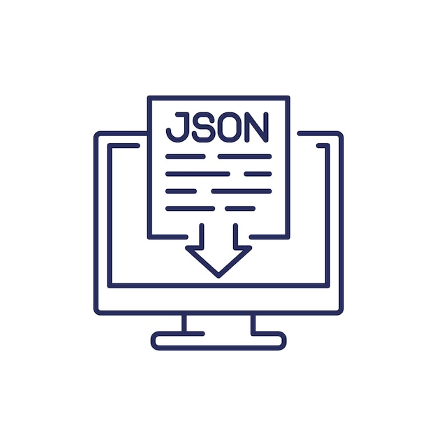 Vector icono de línea de descarga de archivo json con computadora