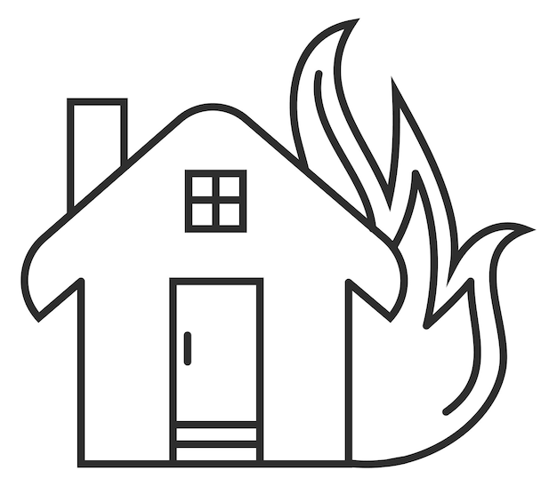 Icono de línea de emergencia de casa en llamas Incendio de edificio aislado sobre fondo blanco