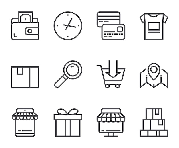 El icono de la línea de entrega de comercio de compras es un conjunto aislado de diseño gráfico plano vectorial