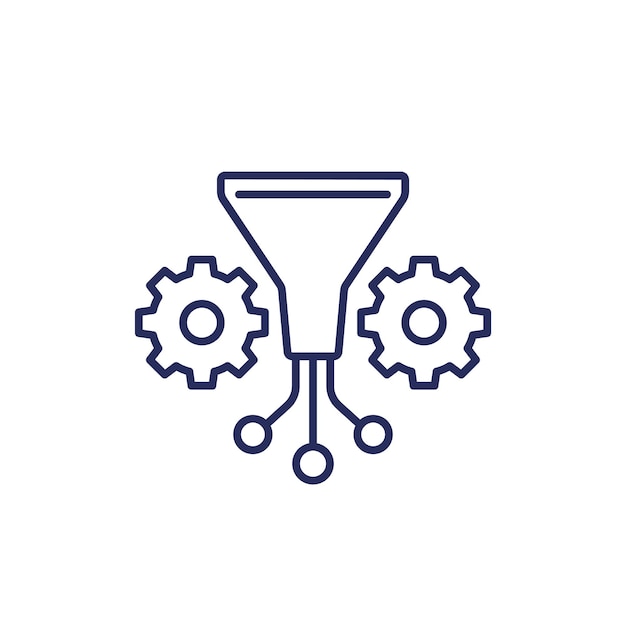 Icono de línea de filtrado de datos con engranajes