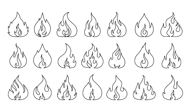 Icono de línea de fuego Símbolo de contorno de llama para señal de advertencia de calor Elemento de interfaz web y logotipo comercial Fuego de campamento ardiente Luz de fogata Emblemas de fuego silvestre Encendido vectorial y pictogramas de combustión establecidos