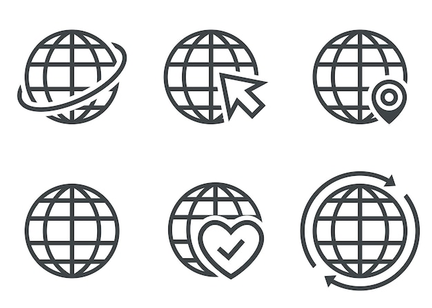 Icono de línea de globo mundial mapa de línea de planeta icono de línea de Internet de viajes globo conjunto