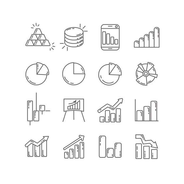 icono de línea de gráfico conjunto con gráfico de pastel vela japonesa