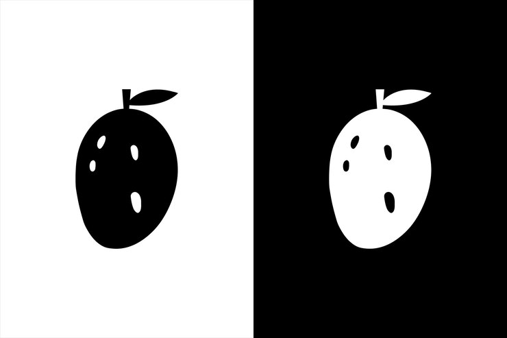 Icono de línea de mango frutas y gráficos vectoriales tropicales un patrón lineal Icono de mango blanco negro