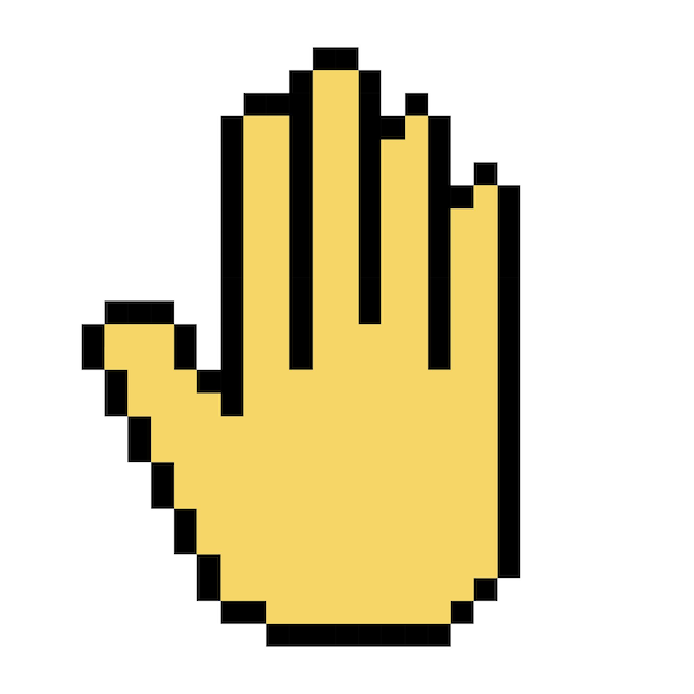 Icono de línea de mano amarilla Detener gesto lenguaje de señas dedo emoji charla correspondencia estilo de píxel Icono multicolor sobre fondo blanco