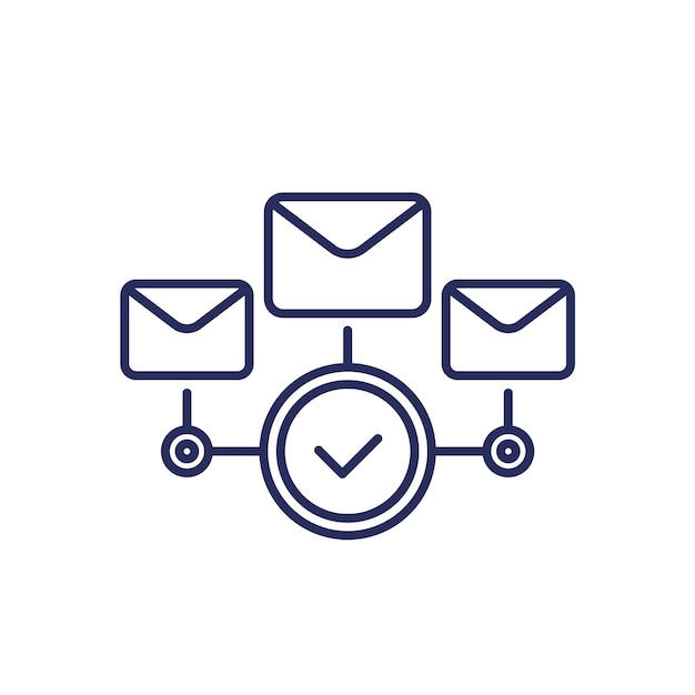 Icono de línea de marketing por correo electrónico con una marca de verificación