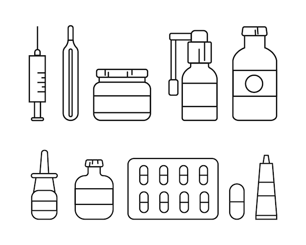 Icono de línea de medicamentos Jeringa inyección cuentagotas ampolla placa aerosol inhalador gotas nasales nariz que moquea resfriado pastilla tableta tarro ungüento Concepto de salud Icono de línea vectorial