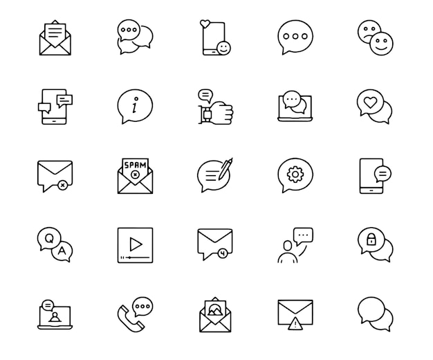 Ícono de línea de mensaje Establezca el icono del logotipo en blanco y negro Ilustración de fondo blanco