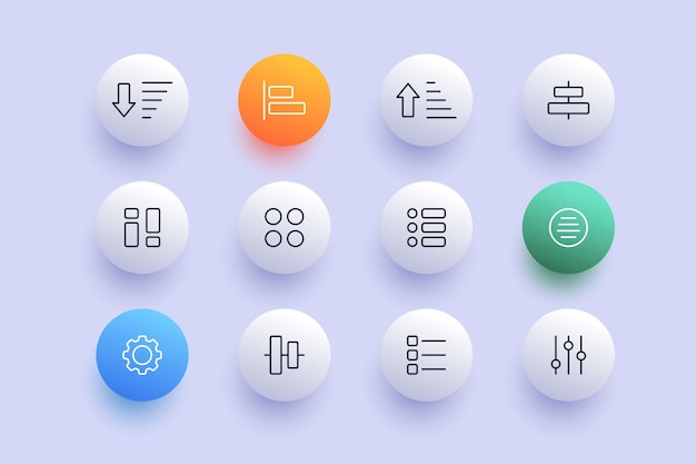 Icono de línea de menú de botón Círculos Azulejos Triaje Lista de surtido de aplicaciones Tablas de clasificación Círculos Deslizadores Marca de verificación Cruz Concepto de aplicaciones Estilo de neomorfismo Icono de línea vectorial para negocios
